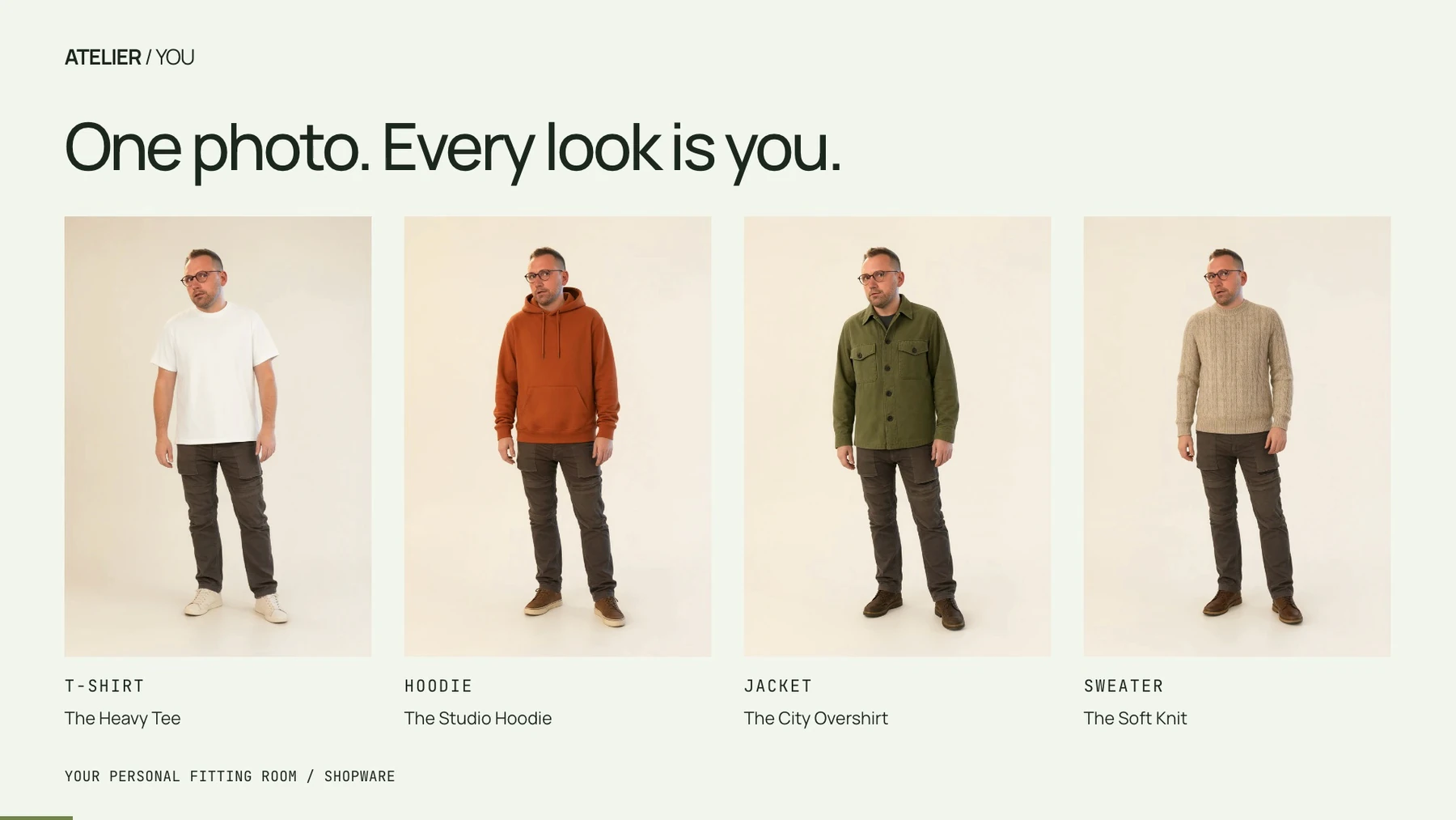 One photo of Stefan Hamann in four outfit variations generated with ATELIER / YOU