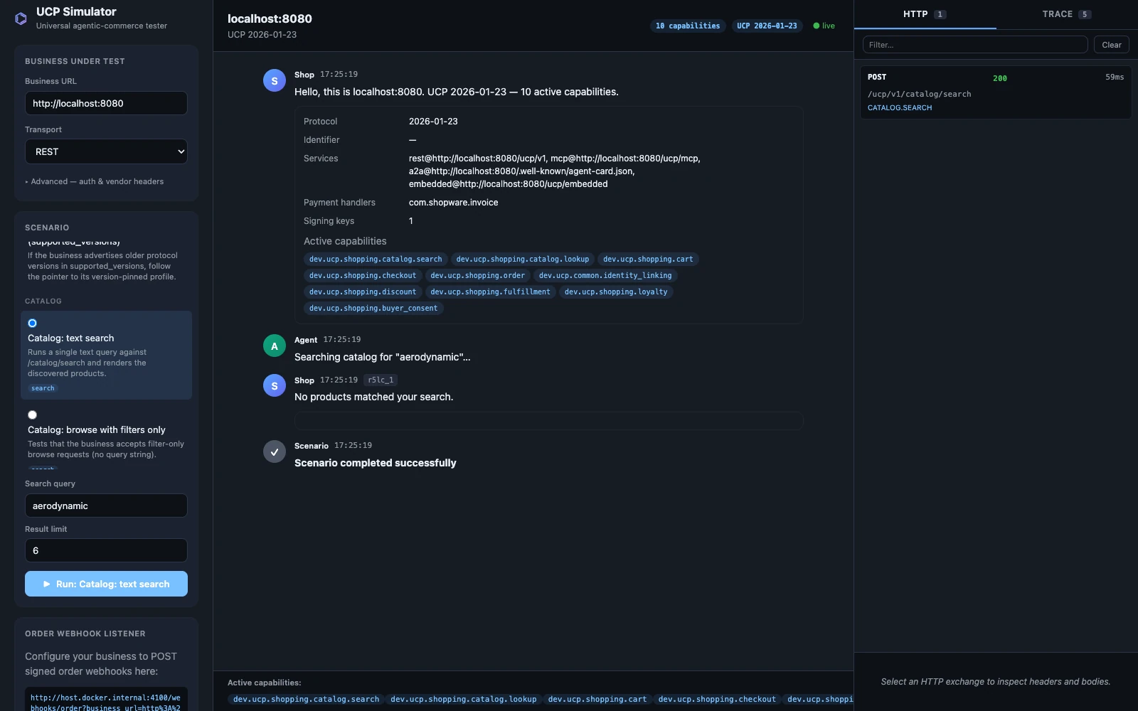 Catalog search in the UCP Commerce Simulator